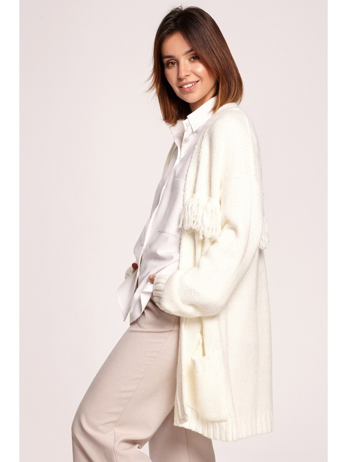 BK068 Kardigan z frędzlami - śmietanowy