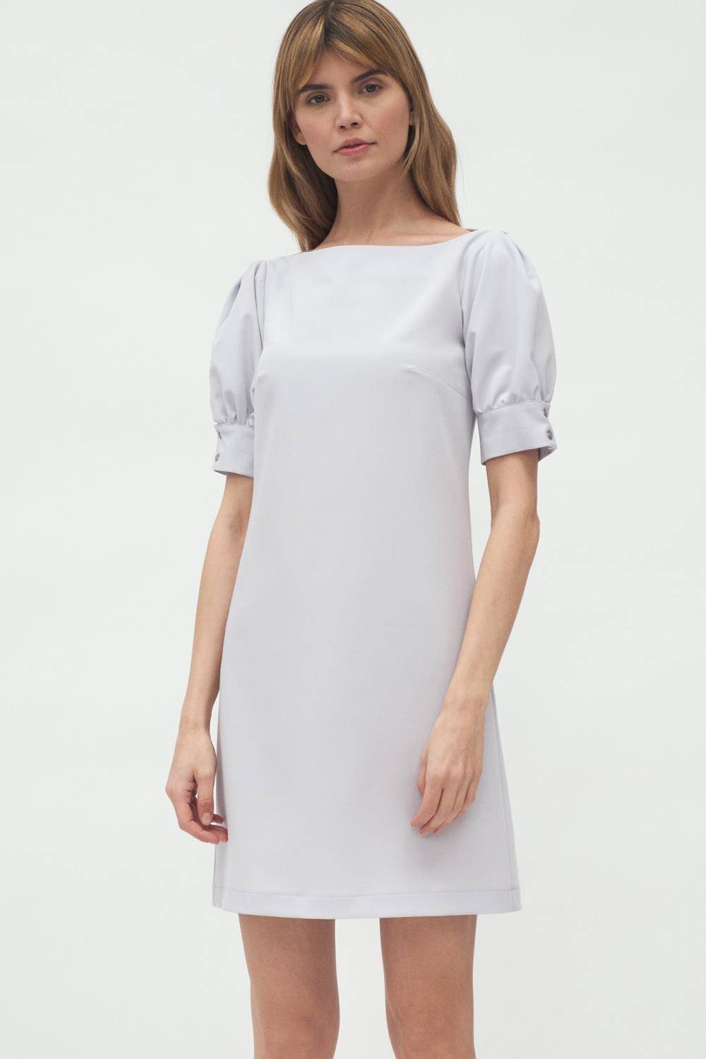 Szara koktajlowa sukienka mini z bufiastymi rękawami