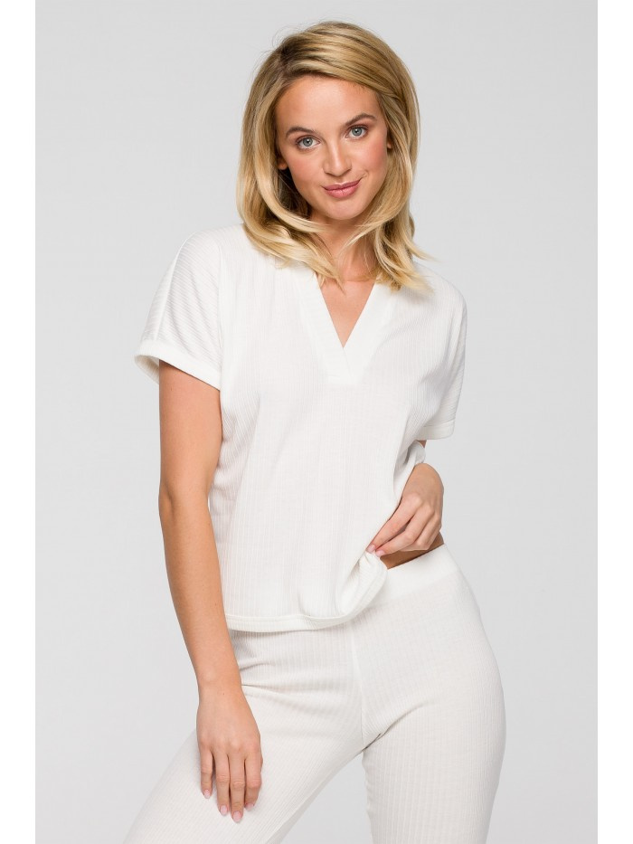 LA118 Prążkowana bluzka z dekoltem V - ecru