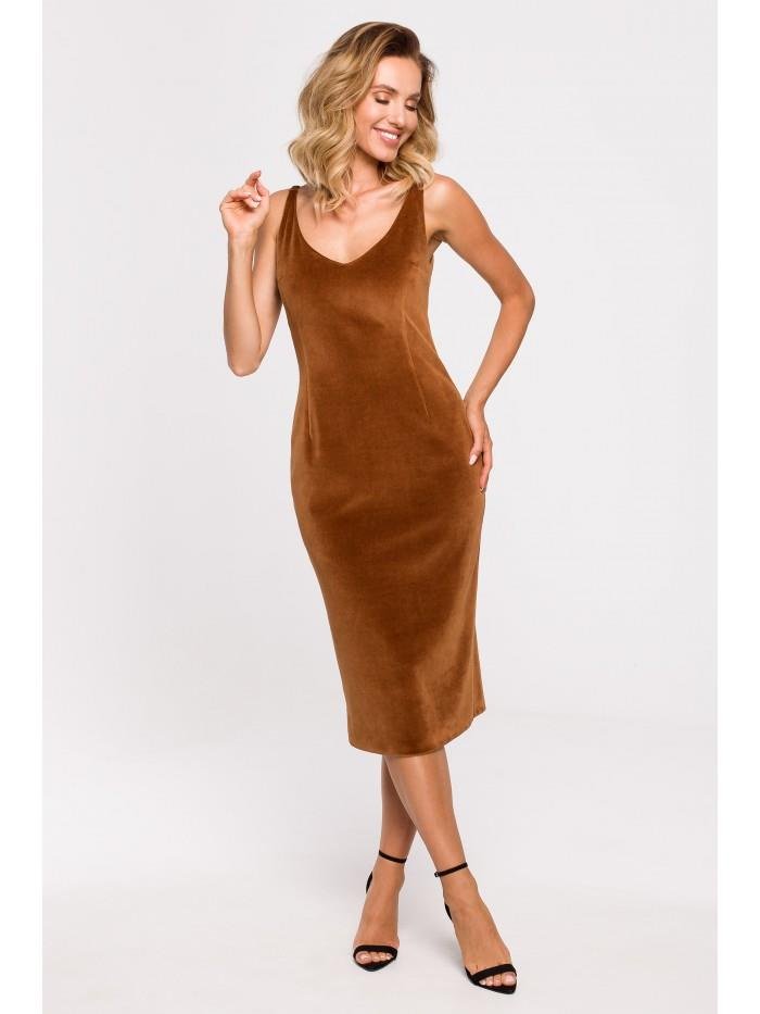M639 Sukienka welurowa z paskiem - koniakowa