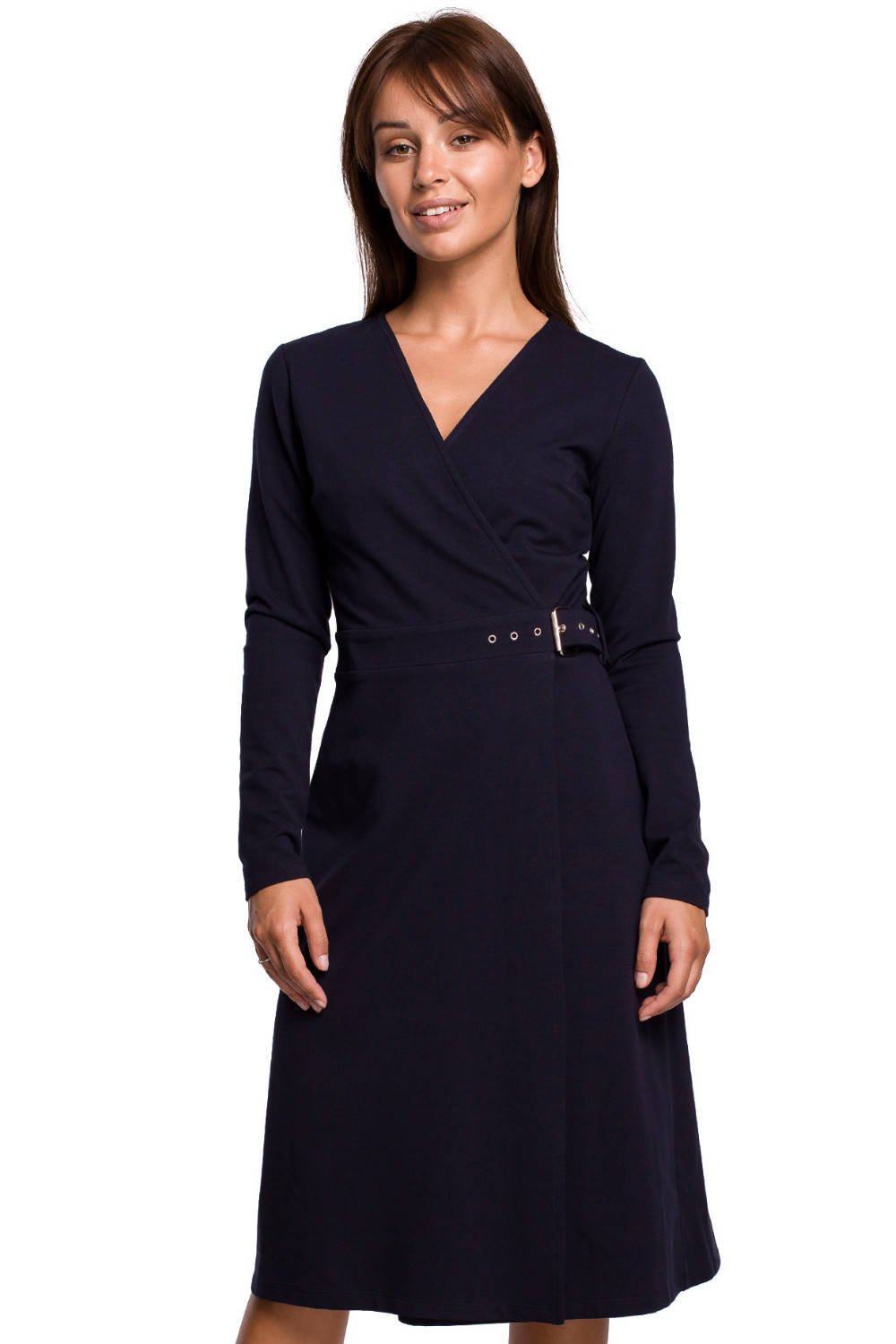 Kopertowa sukienka dzianinowa midi ciepła bawełniana granatowa