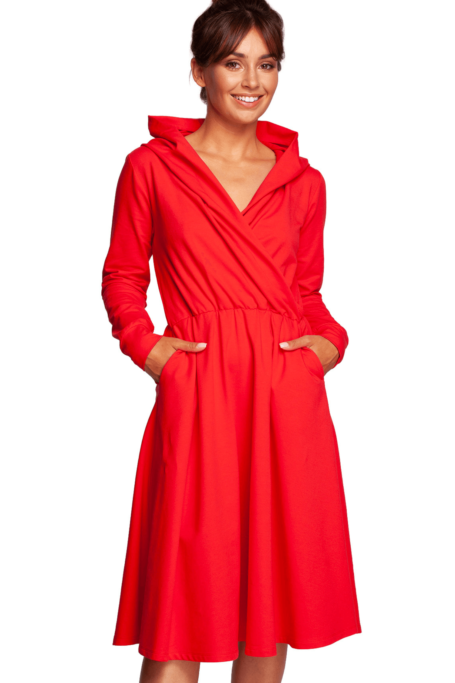 Sukienka rozkloszowana dzianinowa kopertowy dekolt i kaptur czerwona