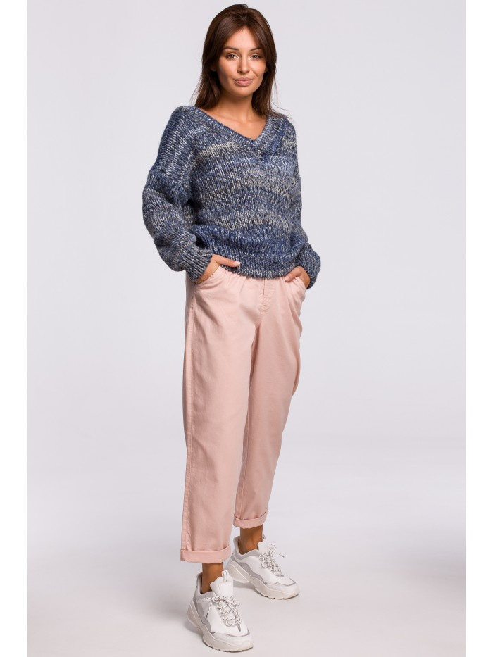 BK048 Wielokolorowy sweter z dekoltem V - niebieski