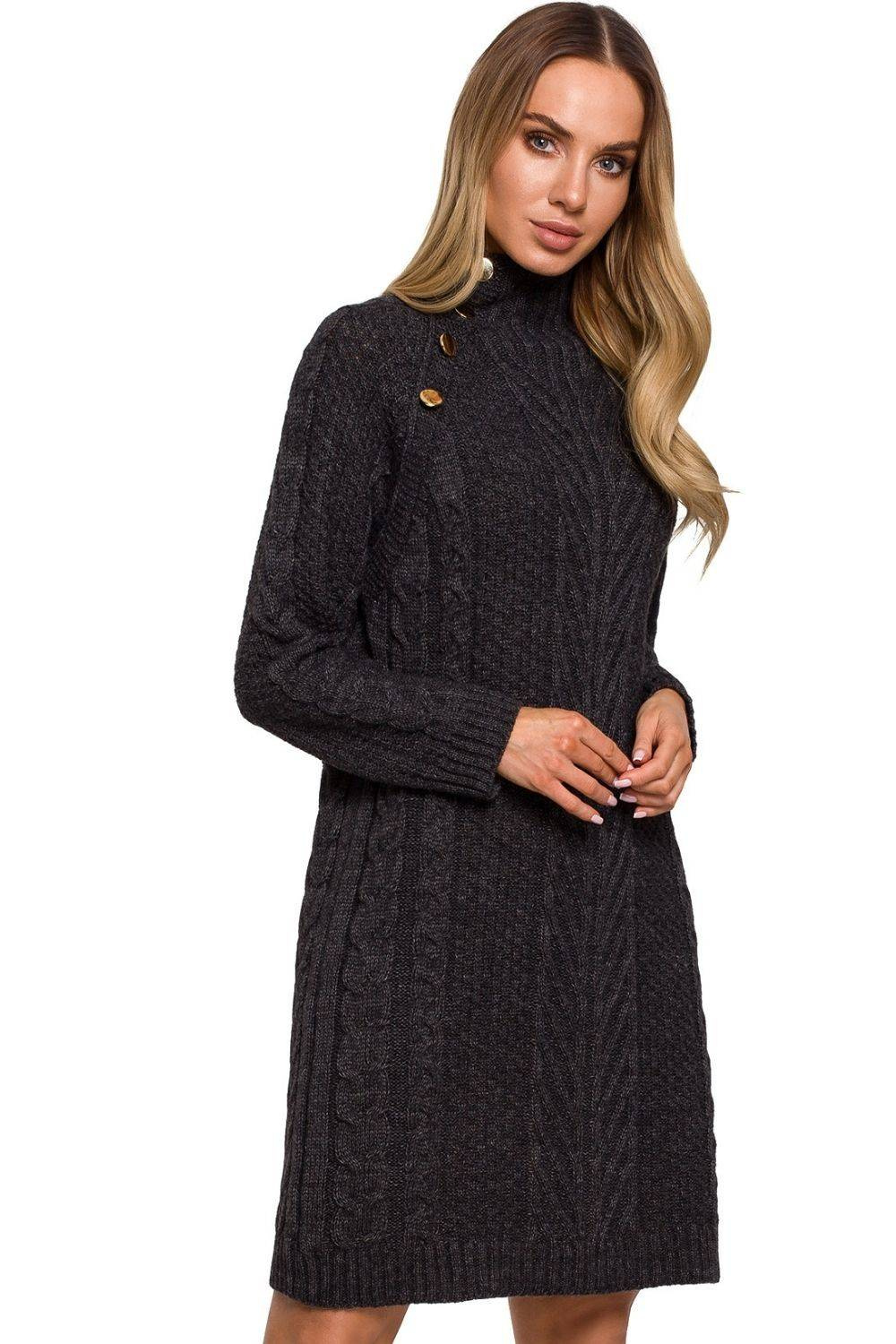 Sukienka sweterkowa z golfem i guzikami grafitowa