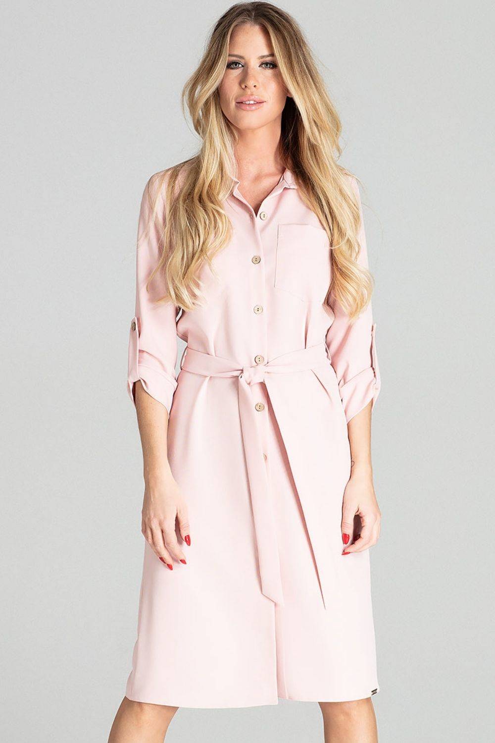 Koszulowa sukienka szmizjerka z podpinanym rękawem 3/4 różowa