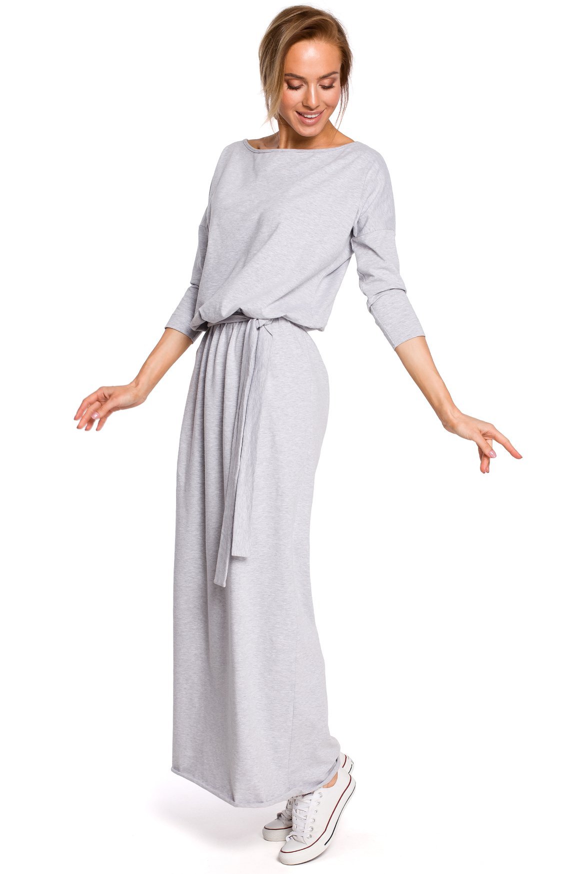 Długa sukienka bawełniana z kimonową górą dekolt łódka szara