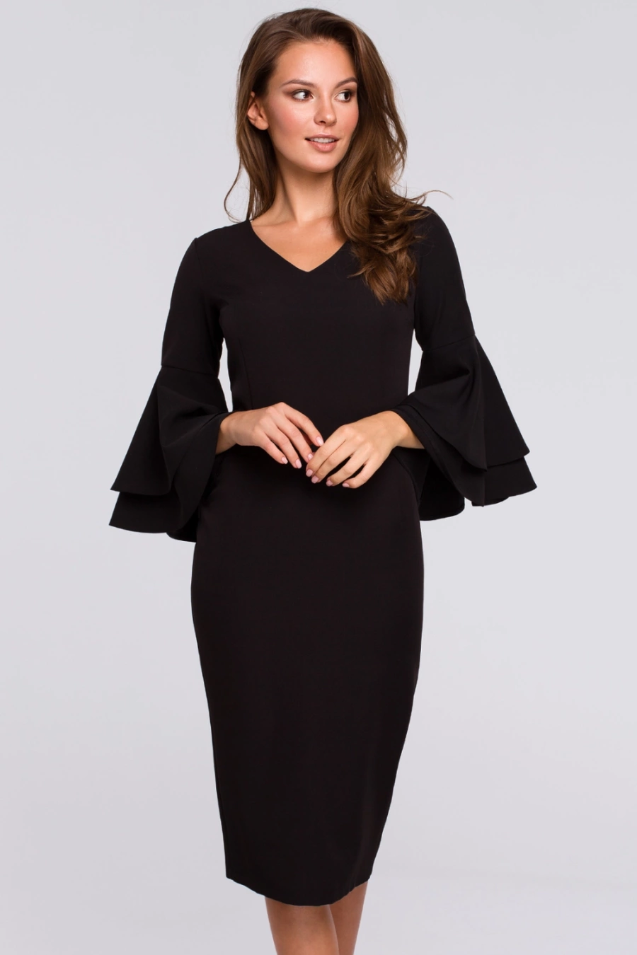 Sukienka elegancka wieczorowa midi z bufiastymi rękawami czarna