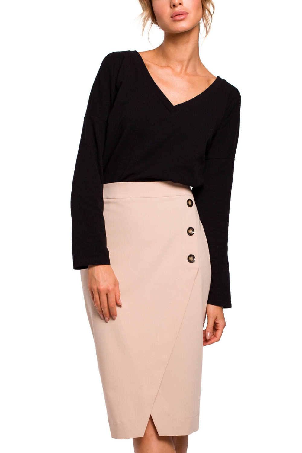 Spódnica ołówkowa midi elegancka z ozdobnymi guzikami beżowa