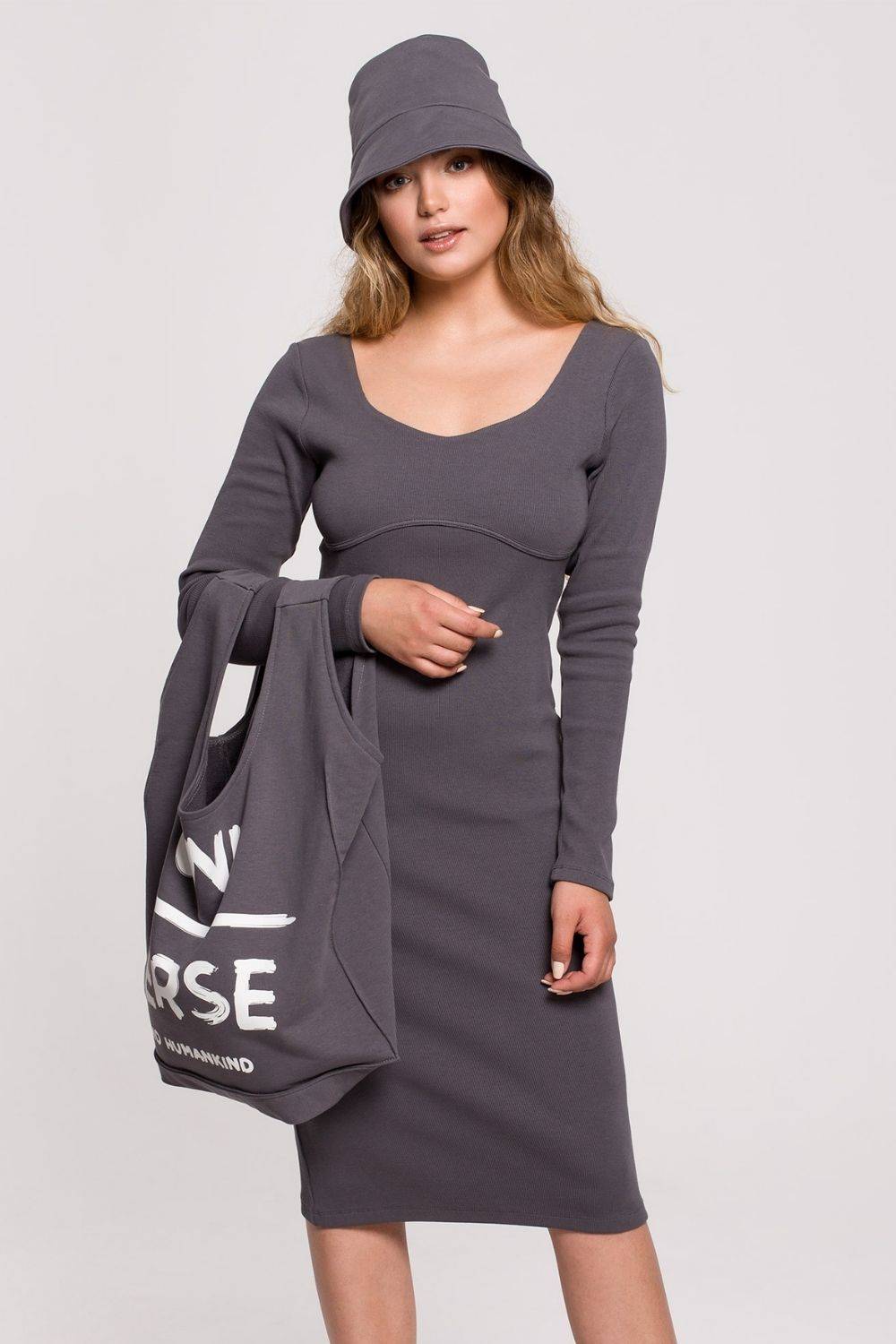 Dopasowana sukienka tuba z prążkowanej bawełnianej dzianiny szara