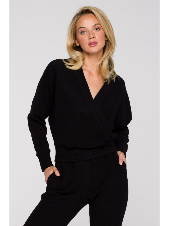 LA128 Bluza z kopertowym dekoltem - czarna