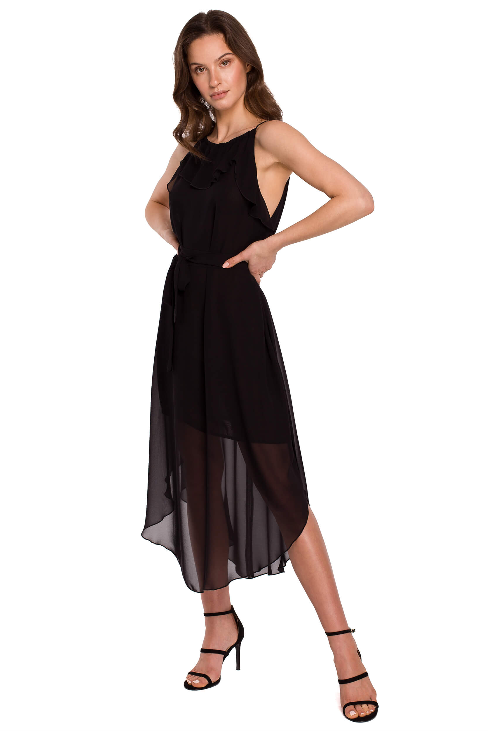 Wieczorowa sukienka szyfonowa asymetryczna z wiązaniem czarna