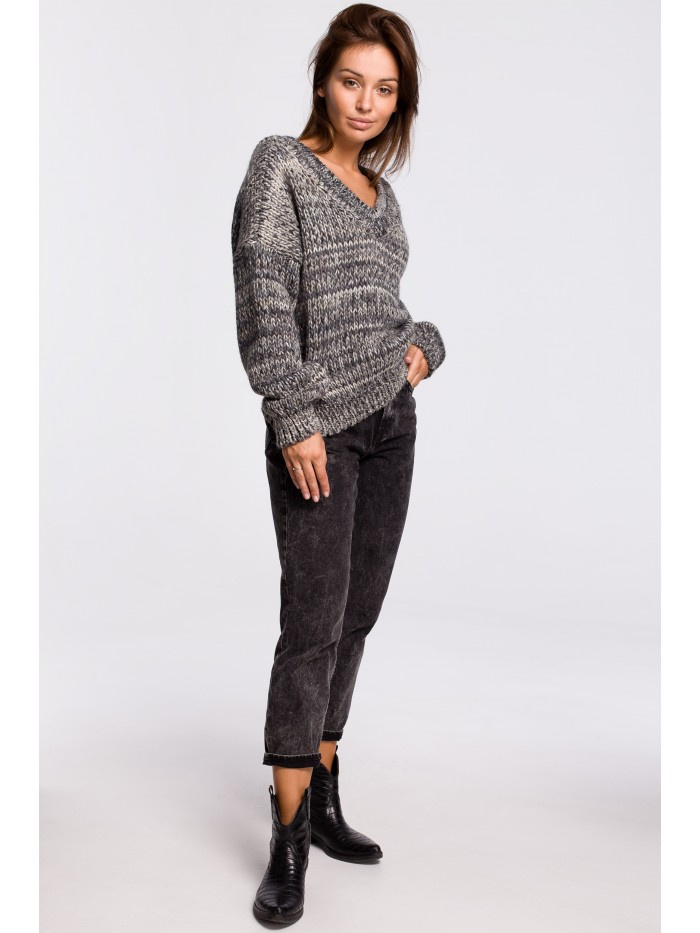 BK048 Wielokolorowy sweter z dekoltem V - szary