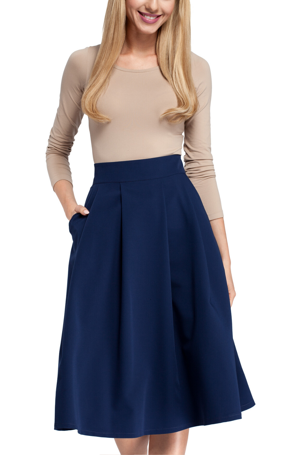 Spódnica rozkloszowana z kontrafałdami i kieszeniami granatowa