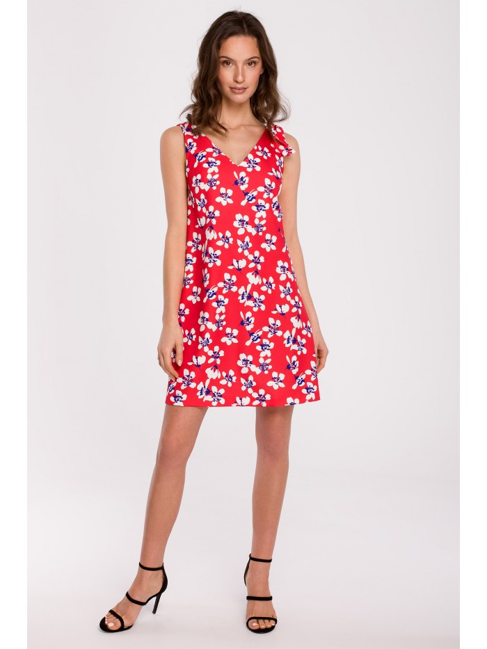 K129 Sukienka we wzór z kokardą na ramieniu - model 2