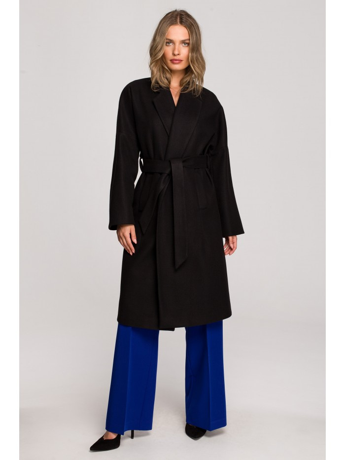 S329 Flauszowy płaszcz z paskiem - czarny