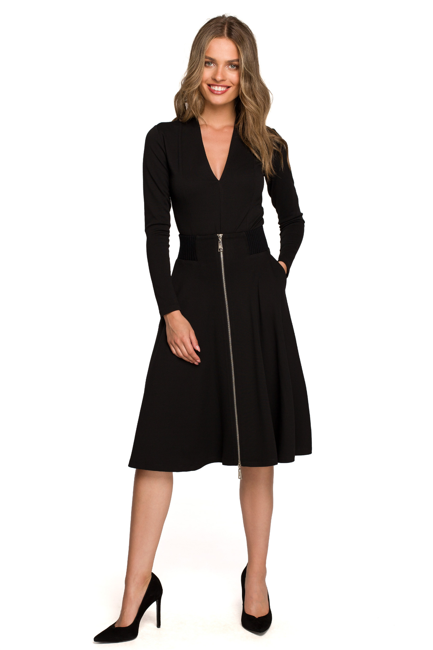 S315 Spódnica rozkloszowana ze ściągaczem w talii - czarna