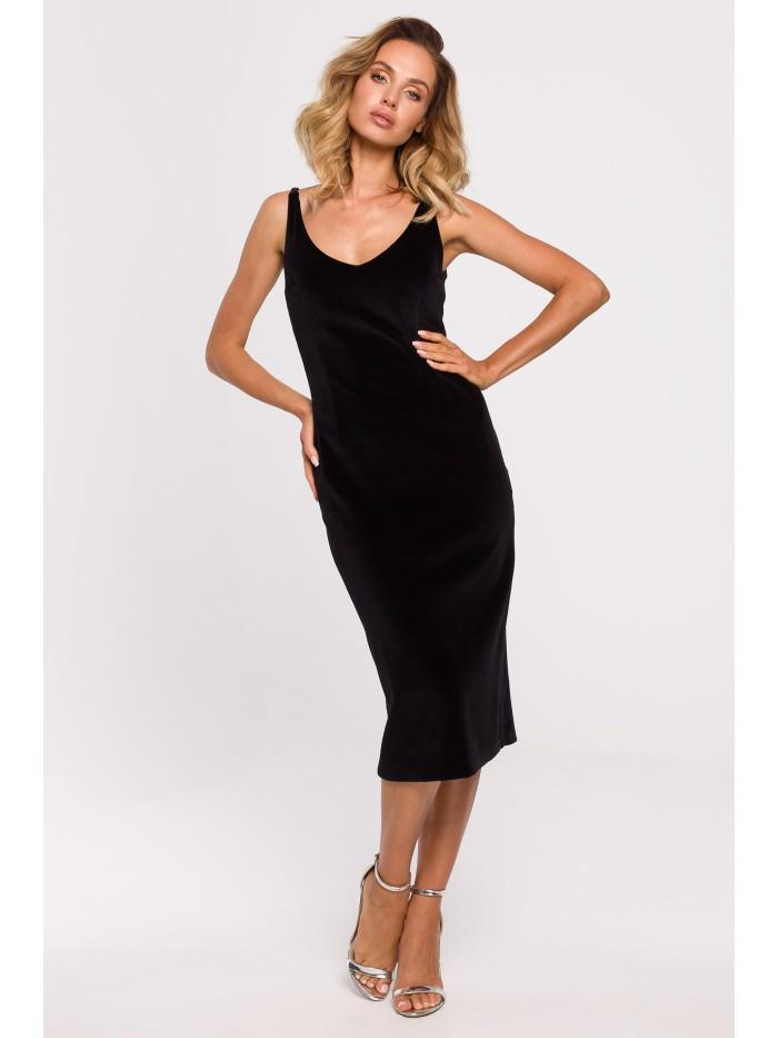 M639 Sukienka welurowa z paskiem - czarna