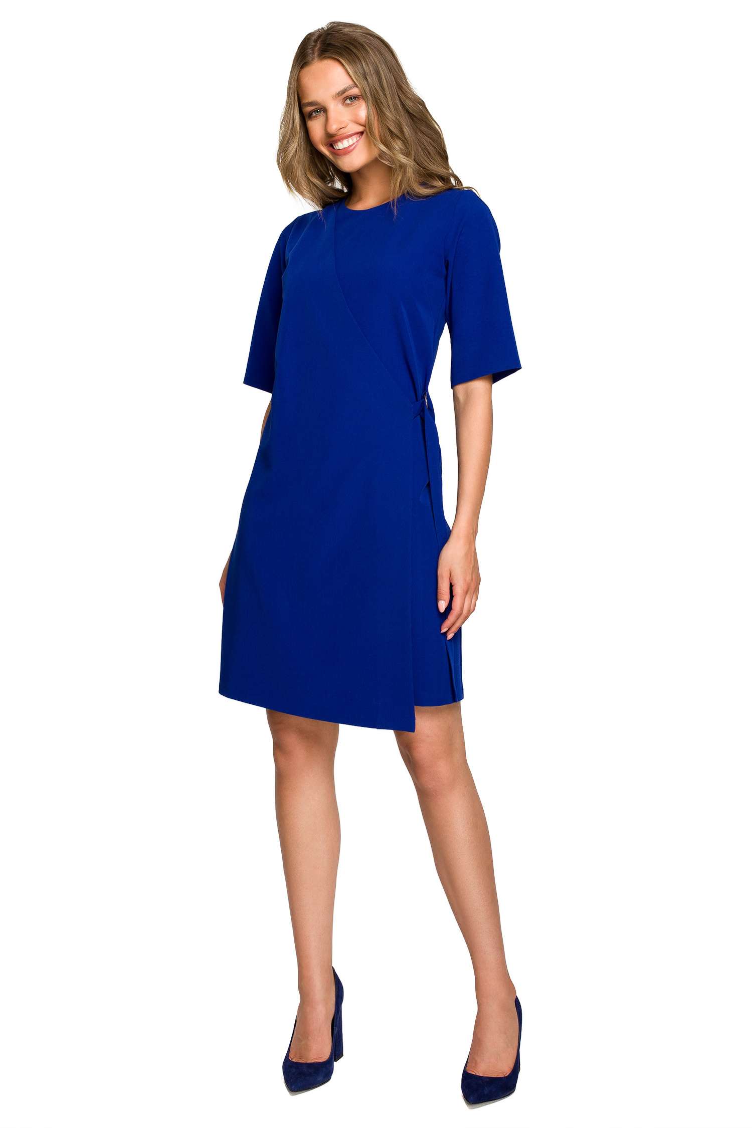 S326 Sukienka z podwójnym przodem i ozdobnymi klamrami - chabrowa