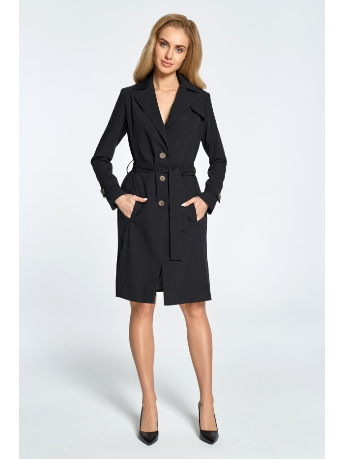 S094 Lekko taliowany płaszcz ze szlufkami - czarny