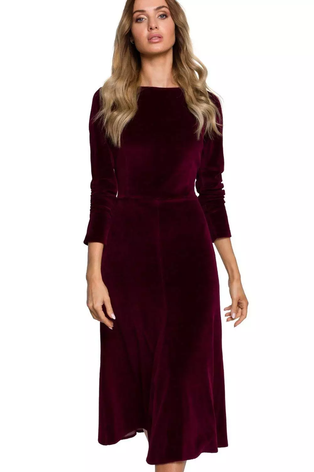 Sukienka welurowa midi rozkloszowana z rękawem 3/4 bawełniana czerwona