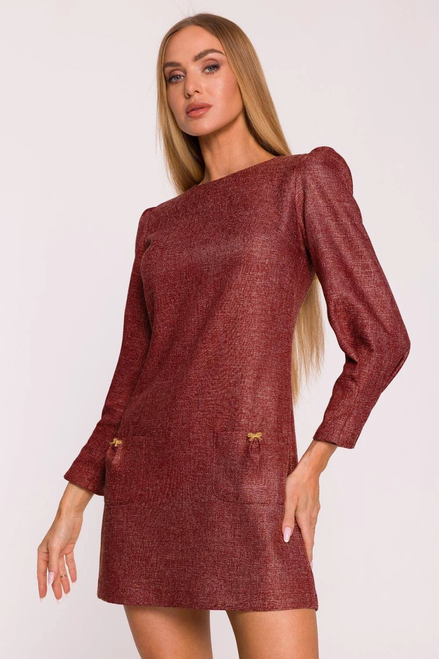 Elegancka sukienka tweedowa trapezowa mini bordowa