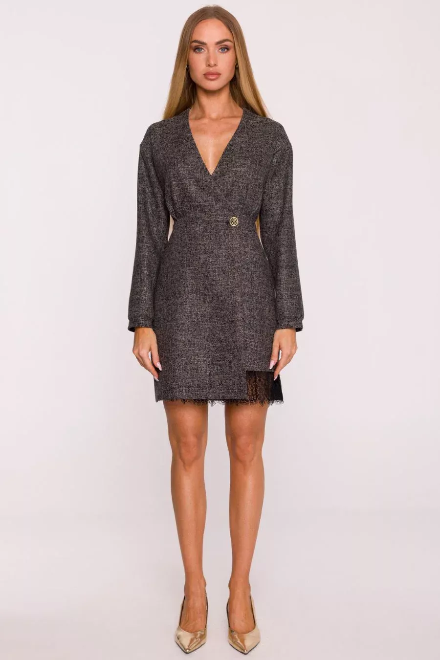 Elegancka sukienka tweedowa trapezowa kopertowa czarna