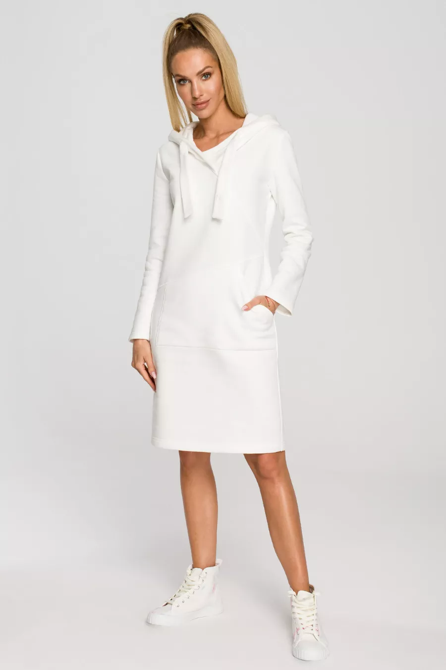 Sukienka jak długa bluza z kapturem ecru bawełna premium