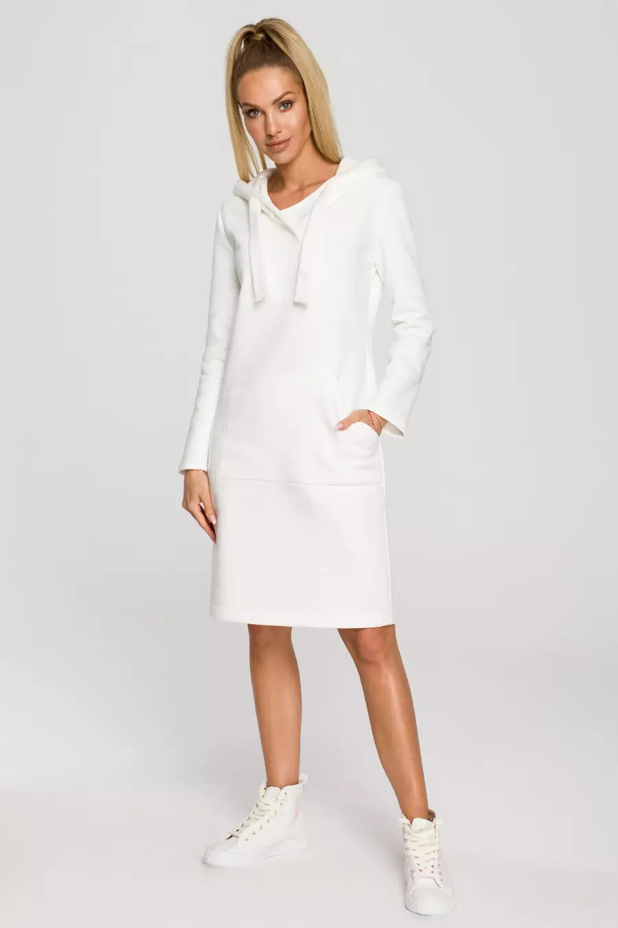 Sukienka jak długa bluza z kapturem ecru bawełna premium