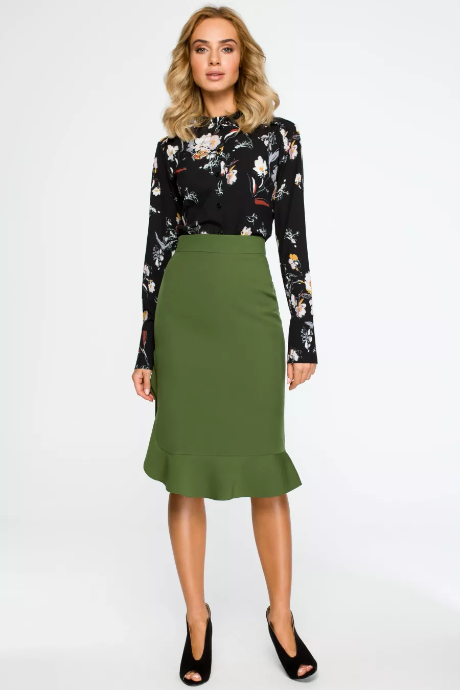 Ołówkowa spódnica na kolano z falbaną elegancka zielona