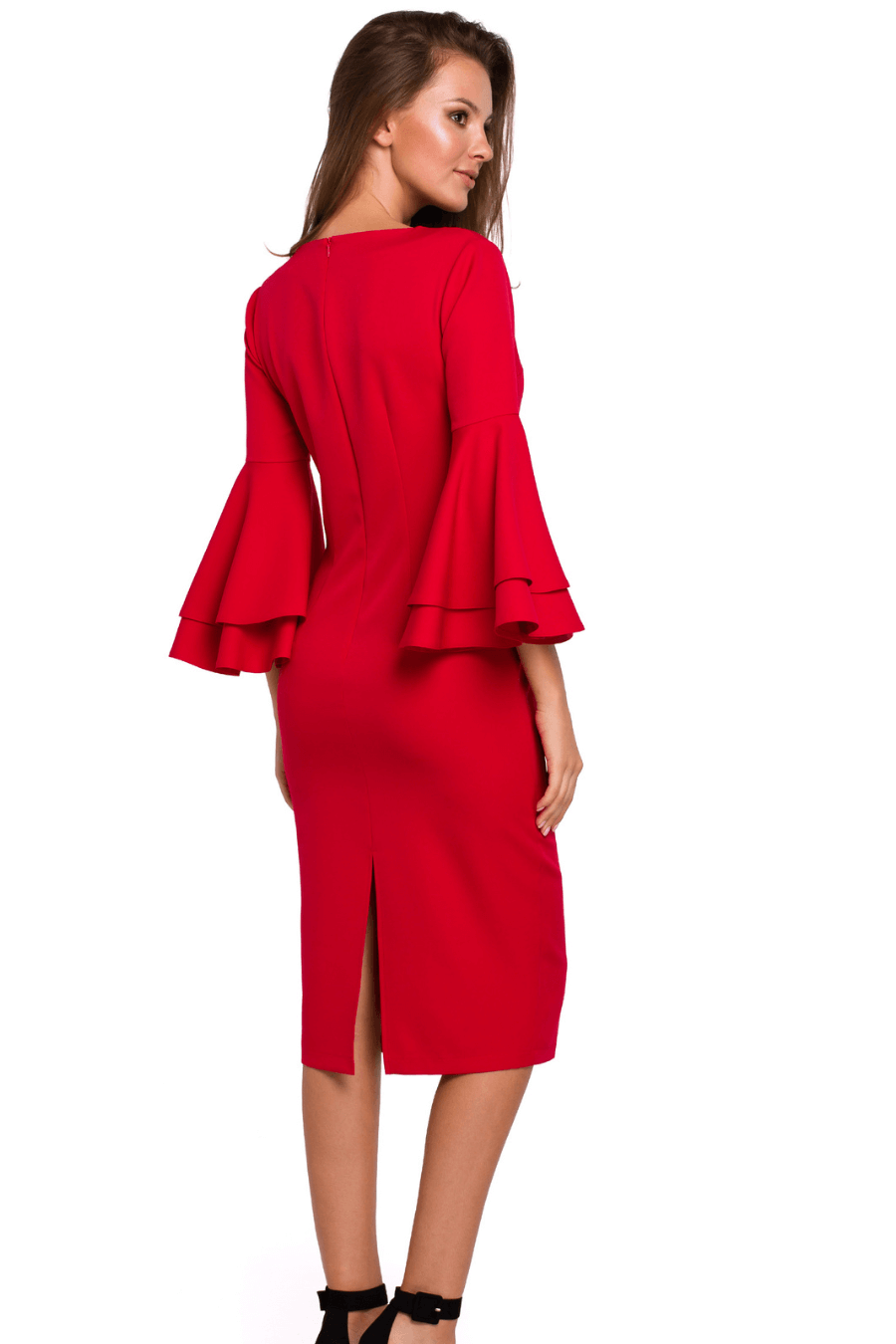 Sukienka na wesele elegancka midi z bufiastymi rękawami czerwona