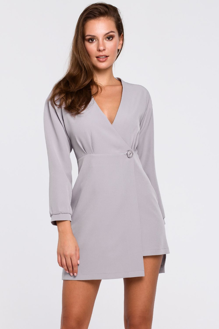 Sukienka elegancka kopertowa asymetryczna mini szara