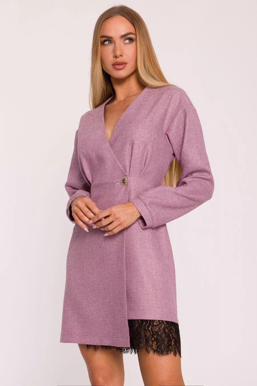 Elegancka sukienka tweedowa trapezowa kopertowa różowa