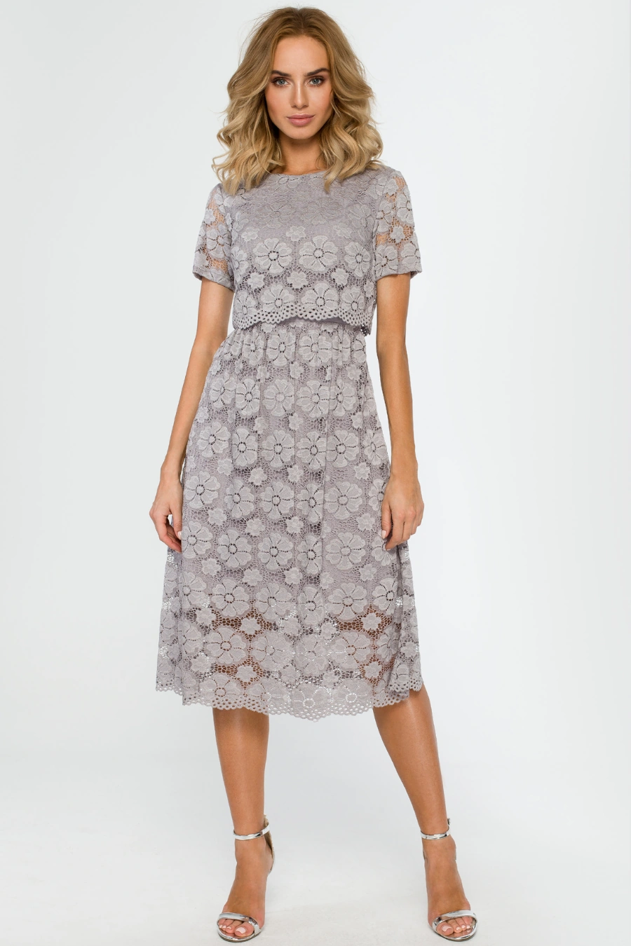 Sukienka koktajlowa na wesele koronkowa rozkloszowana szara
