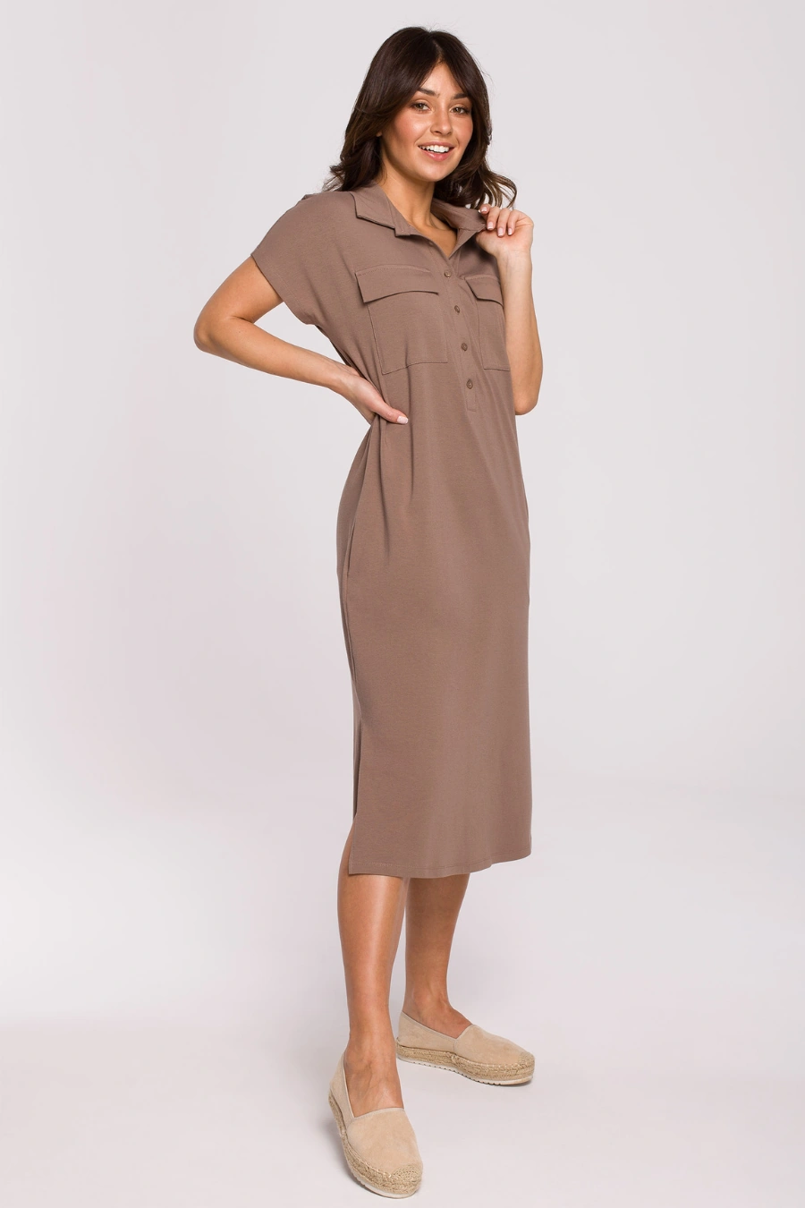 Sukienka koszulowa szmizjerka z kołnierzykiem bawełna brąz