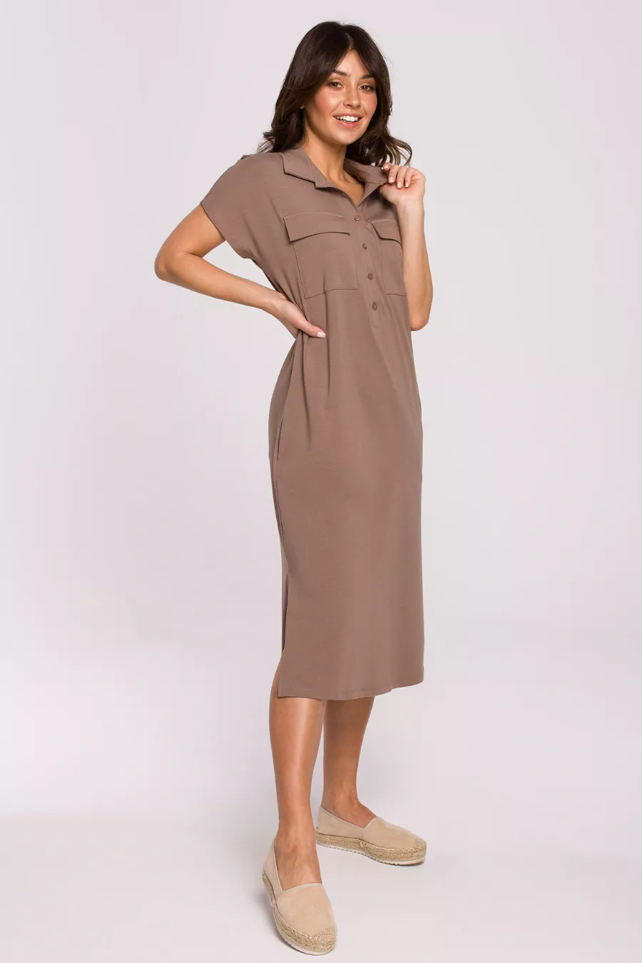 Sukienka koszulowa szmizjerka z kołnierzykiem bawełna brąz