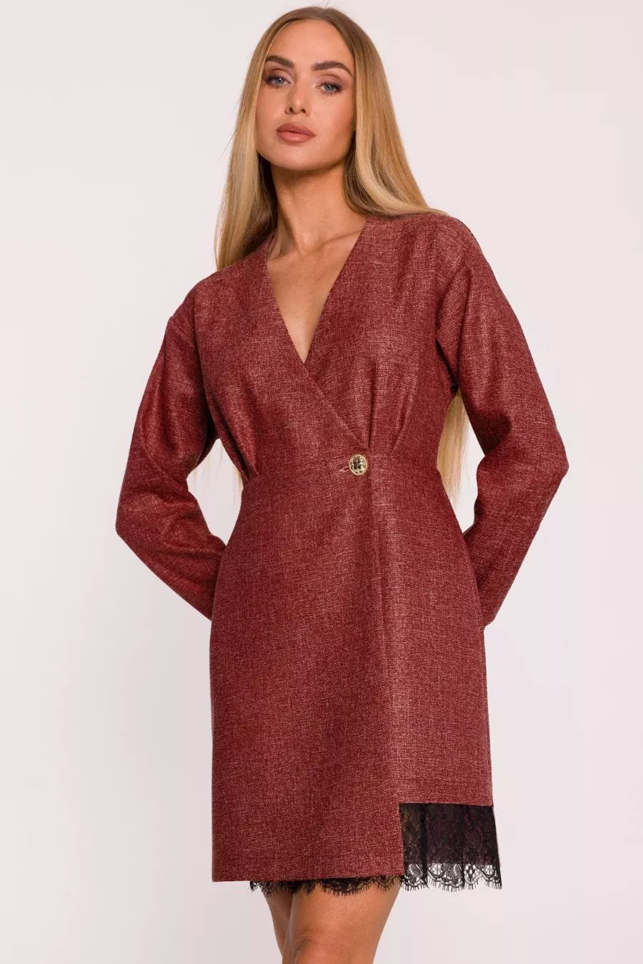 Elegancka sukienka tweedowa trapezowa kopertowa bordowa