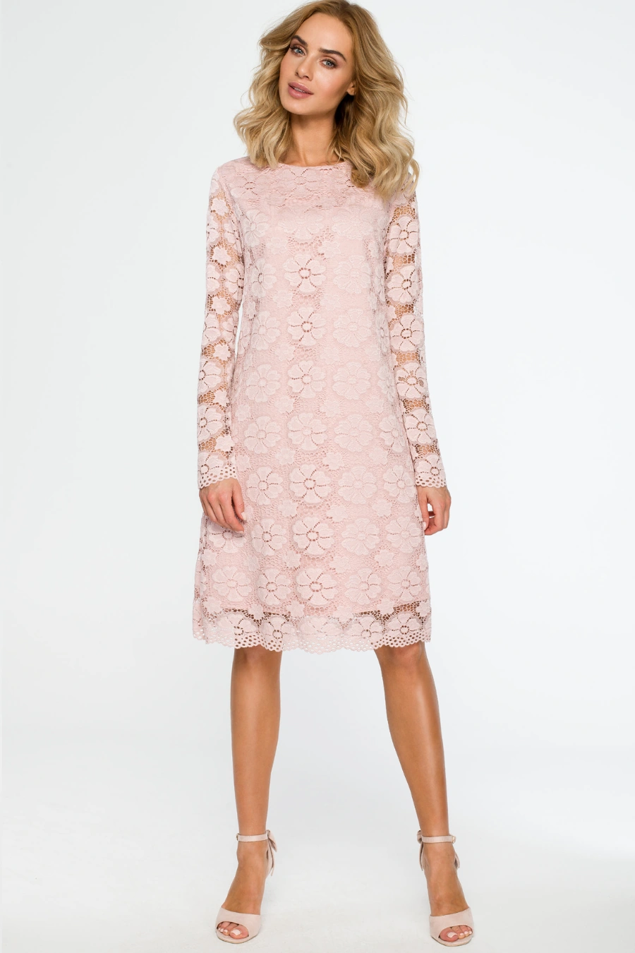 Sukienka na wesele koronkowa trapezowa midi pudrowy róż