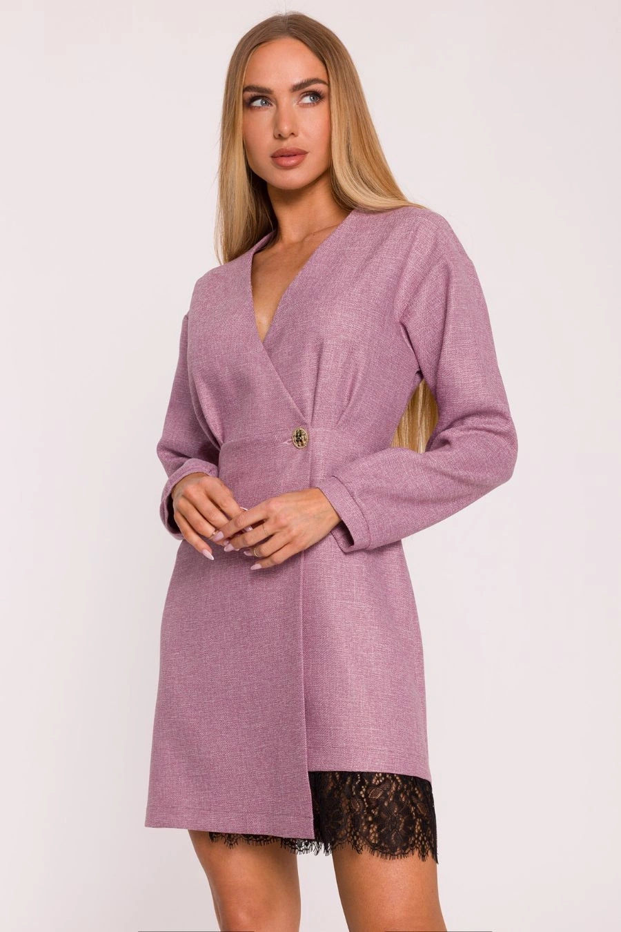 Elegancka sukienka tweedowa trapezowa kopertowa różowa
