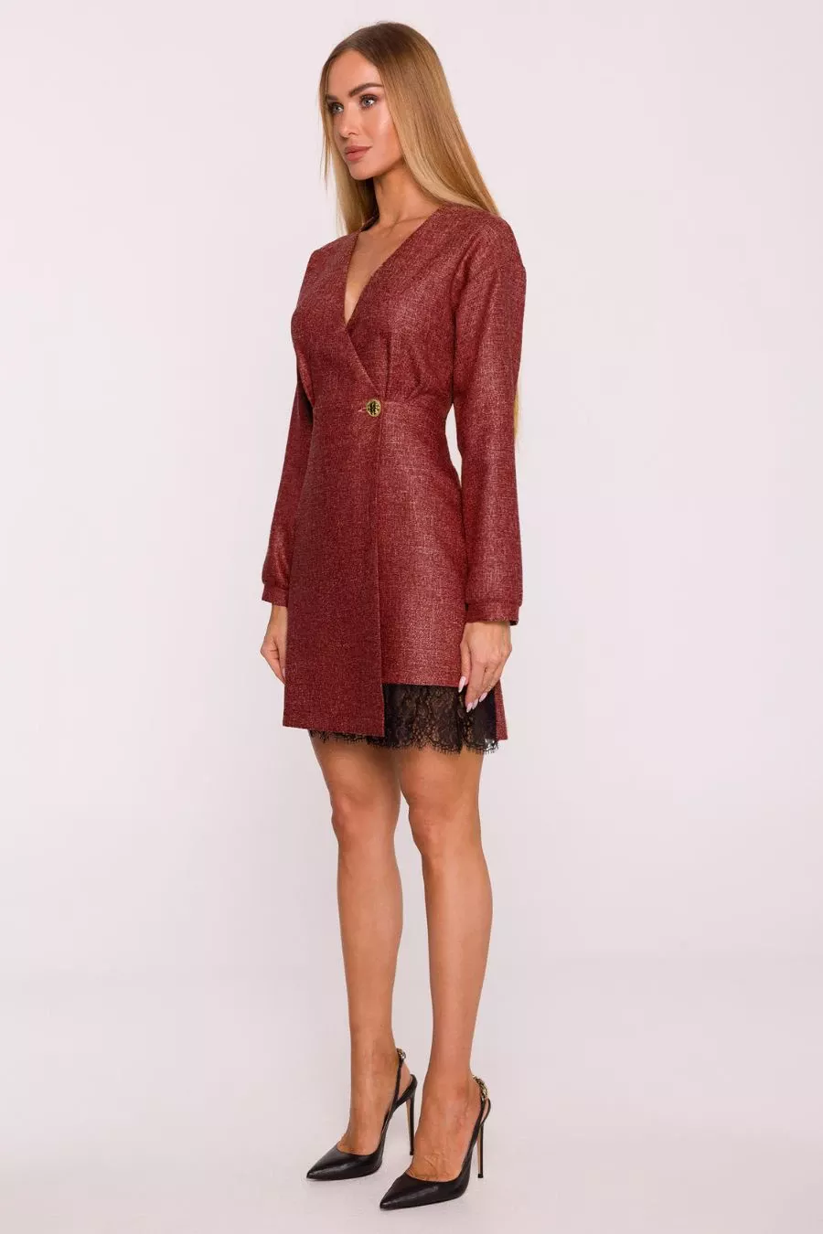 Elegancka sukienka tweedowa trapezowa kopertowa bordowa