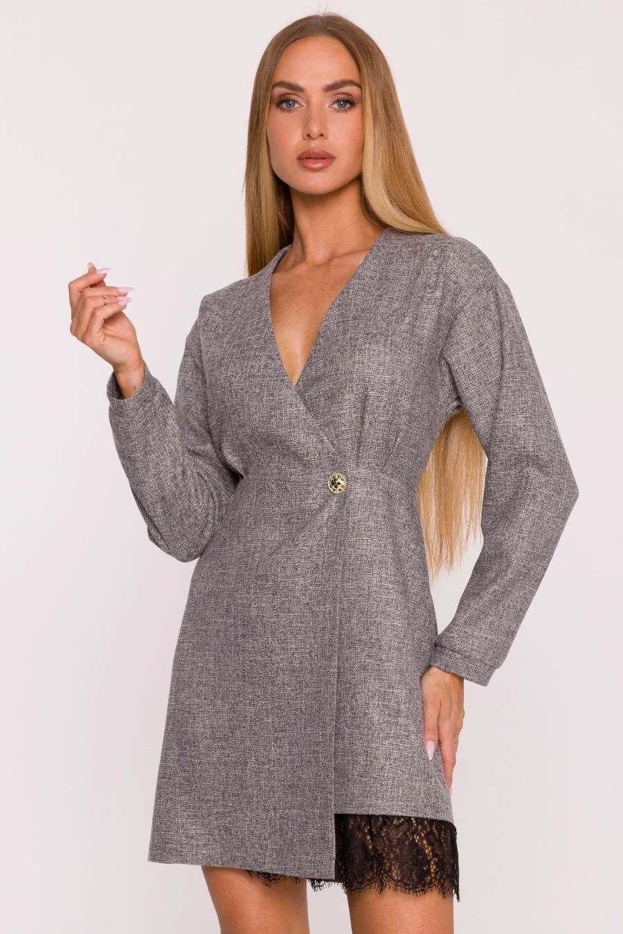 Elegancka sukienka tweedowa trapezowa kopertowa szara