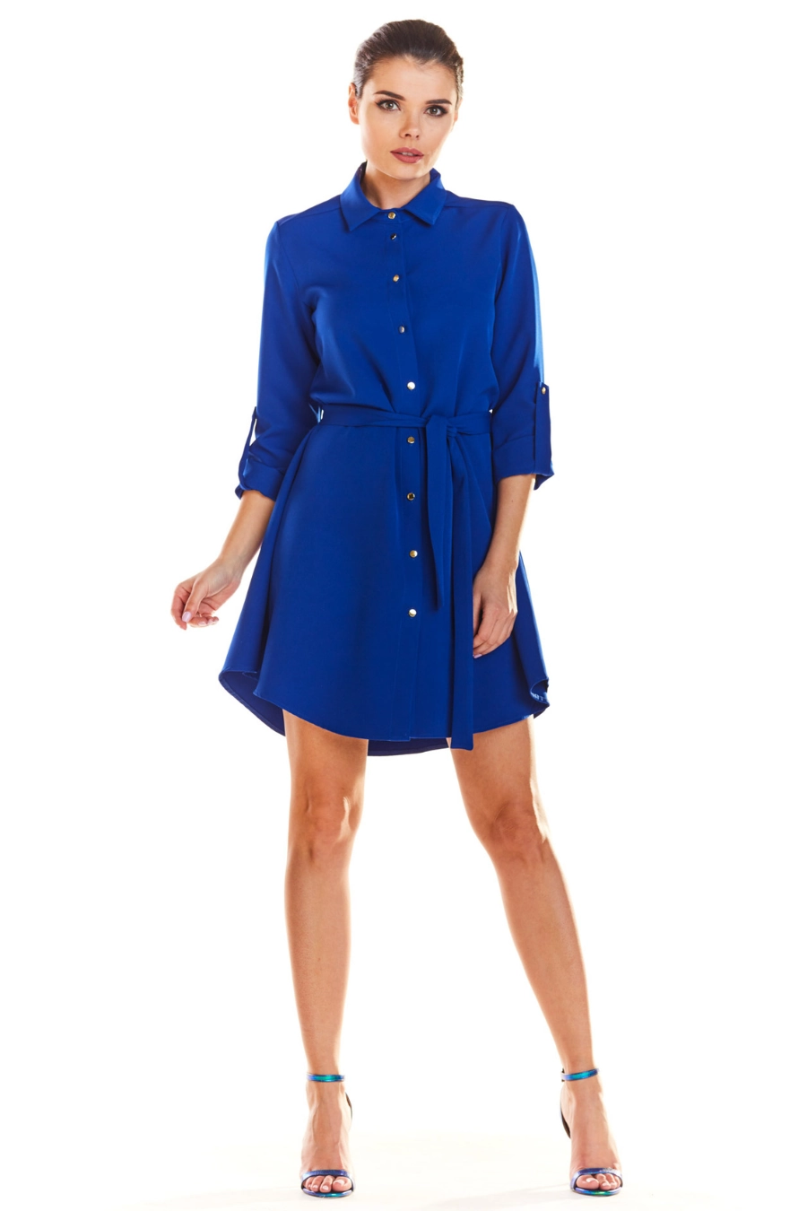 Sukienka koszulowa szmizjerka z paskiem niebieska