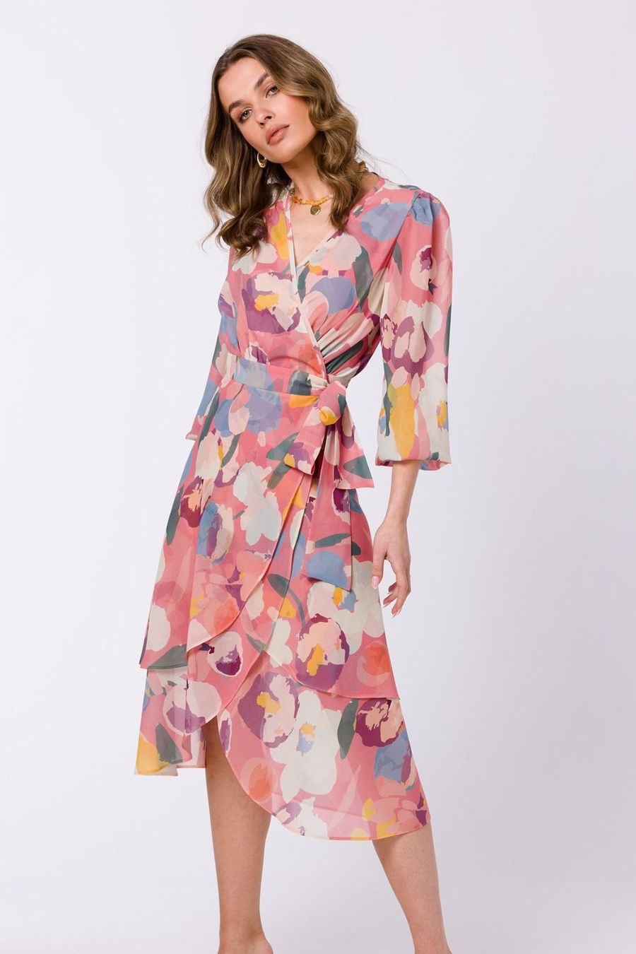 Zwiewna sukienka szyfonowa kopertowa z wiązaniem pastelowa