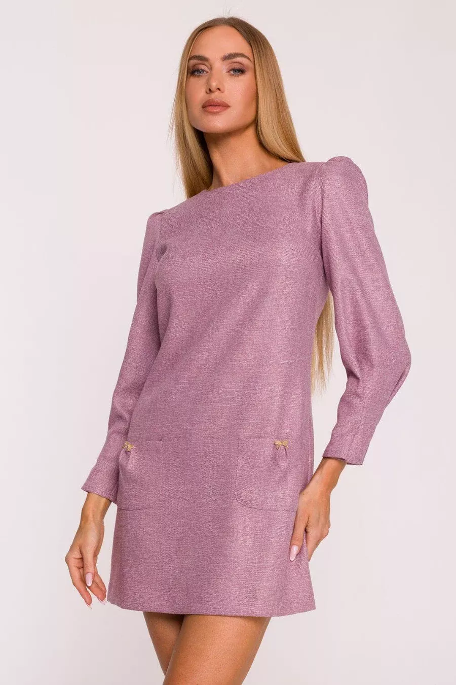 Elegancka sukienka tweedowa trapezowa mini różowa