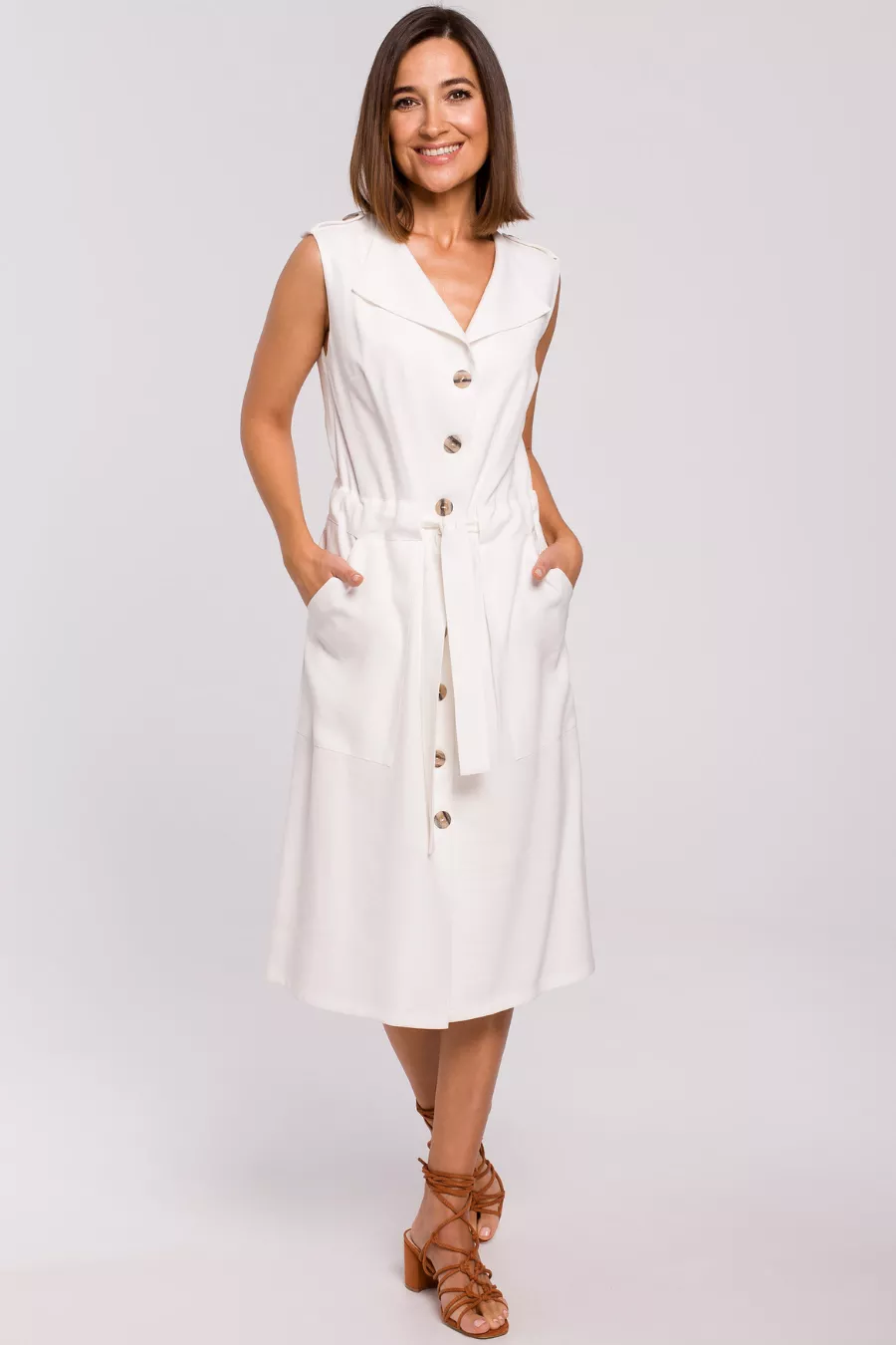 Sukienka koszulowa na lato szmizjerka z paskiem ecru