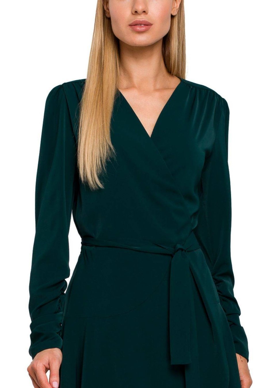 Sukienka elegancka wizytowa kopertowa wiązana w pasie zielona