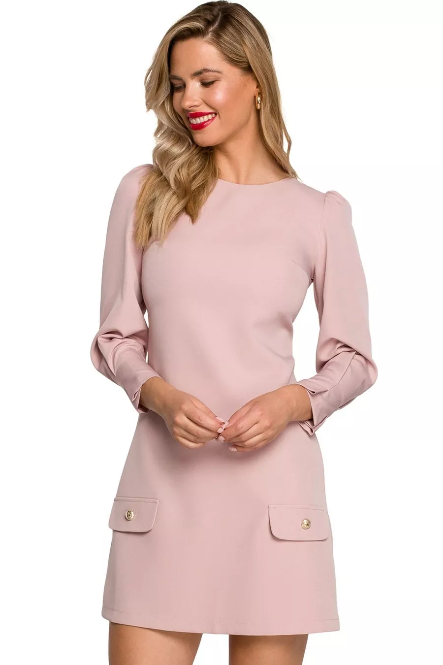 Elegancka sukienka trapezowa z bufiastymi rękawami krótka pudrowy róż