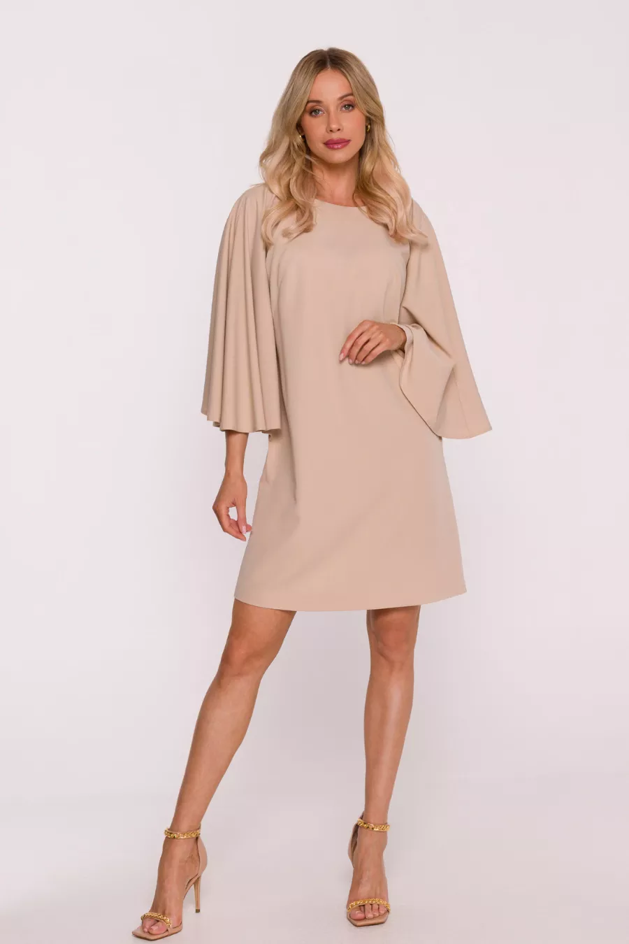Elegancka sukienka trapezowa z bufiastymi rękawami beżowa