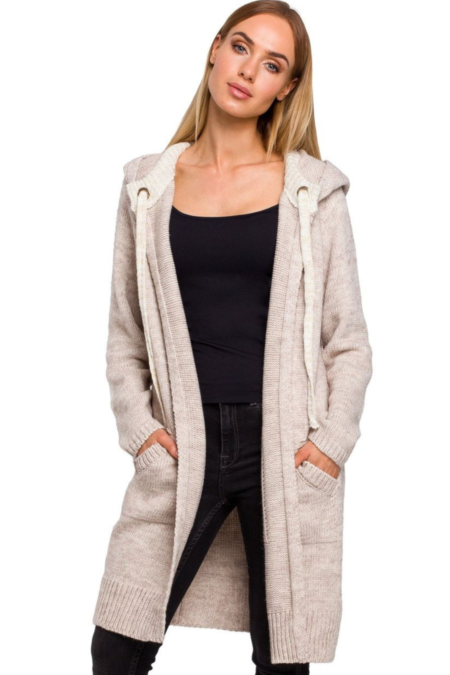 Długi sweter damski kardigan z kapturem połyskująca nitka beżowy