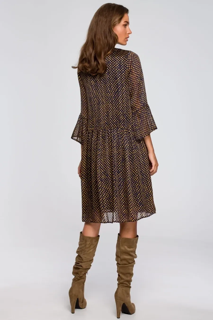 Sukienka rozkloszowana szyfonowa z dekoltem V granatowa w groszki