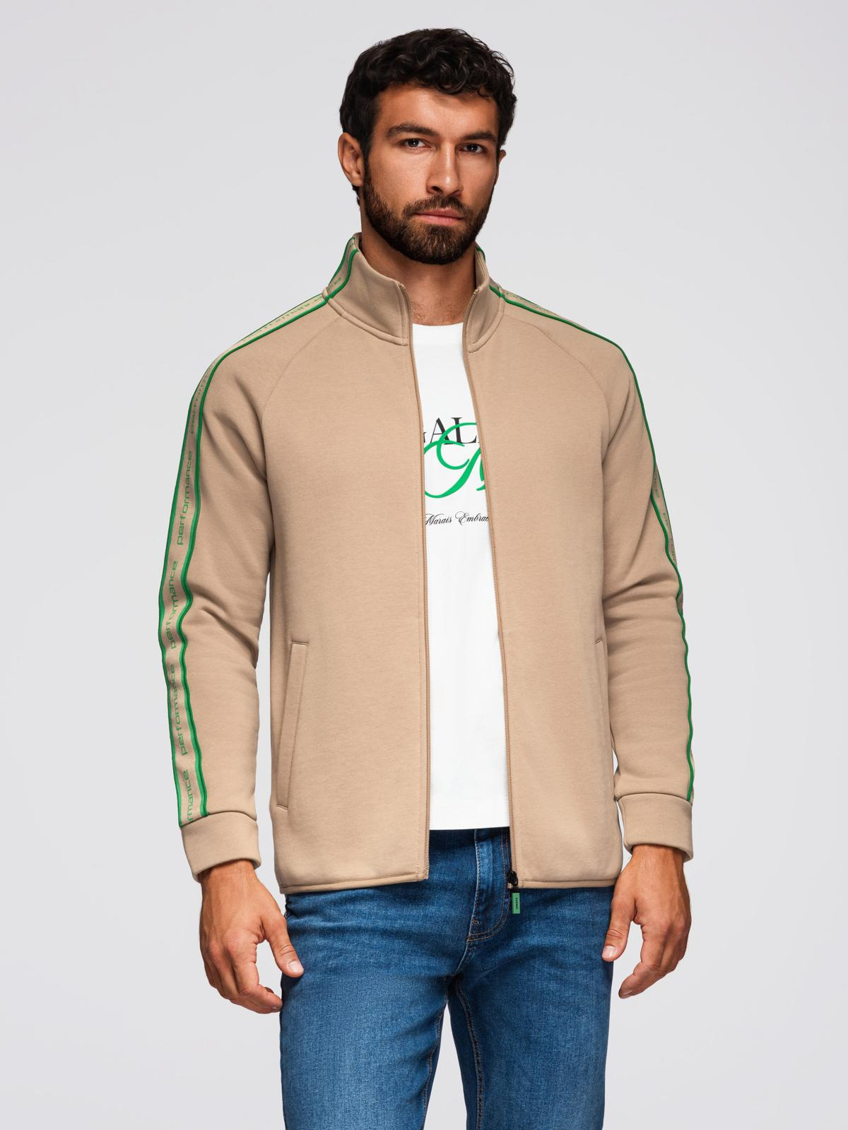 Bluza męska rozpinana z lampasami i wysoką stójką – brązowa V1 - Rozmiar: S